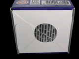 a white box with a blue and white label on it