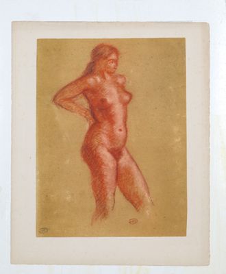 une image représentant une femme nue debout devant un fond marron