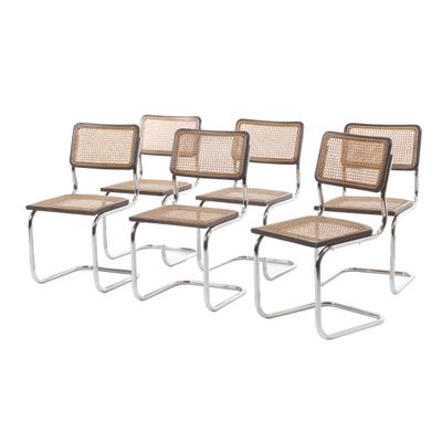 lot de quatre chaises de salle à manger en chrome et rotin