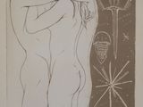 drawing of a nude woman hugging a man in front of a wall