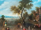 painting of a village scene with people and horses in the foreground and a village in the background