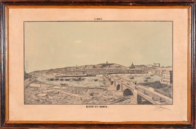 une vieille photo représentant une vue d'une ville avec un pont et des bâtiments
