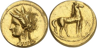 a close up of a gold coin with a horse on it
