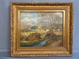 an oil painting of a stream running through a field with trees