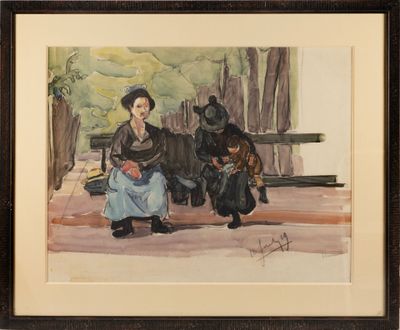 tableau représentant une femme assise sur un banc avec un enfant et un chien