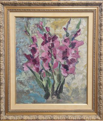 une peinture à l'huile représentant des fleurs roses, dans un cadre doré