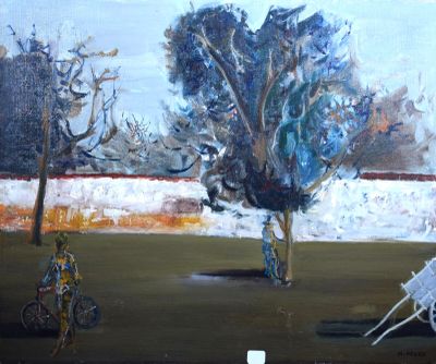 un tableau représentant un cheval tirant une calèche dans un champ