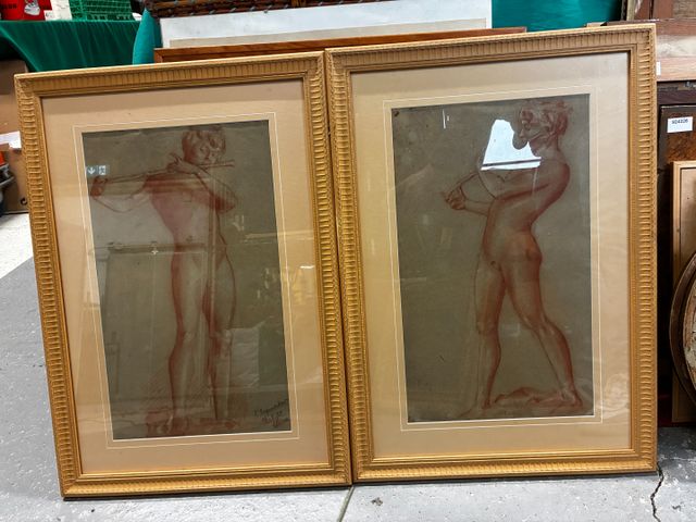 En pendant, deux nus masculins. Sanguine. L’un signé et daté 17-8...