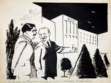 drawing of two men standing in front of a building with a building in the background