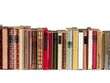 de nombreux livres alignés sur une étagère, sur fond blanc