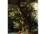 un tableau représentant une femme assise sous un arbre dans une forêt