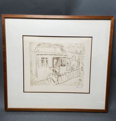 dessin représentant une maison avec une clôture et un chien dans le jardin