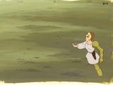 cartoon of a woman throwing a frisbee in a field