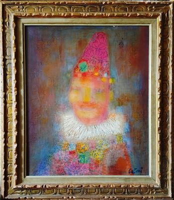 une peinture à l'huile représentant un clown avec un chapeau rouge et un col blanc