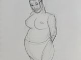 drawing of a woman standing in front of a cup of coffee