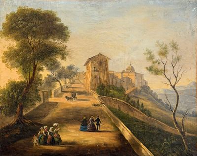 une vieille peinture représentant des personnes marchant sur un chemin de terre devant un château