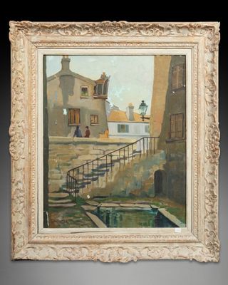 une image représentant un tableau d'un bâtiment avec un escalier qui y mène