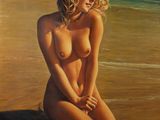 tableau représentant une femme nue assise sur la plage face à l'océan
