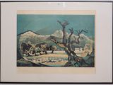 painting of a herd of cattle grazing in a field with mountains in the background