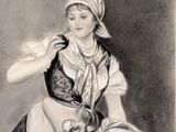 drawing of a woman sitting on a chair holding a basket of fruit
