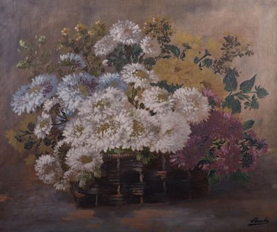 une peinture de fleurs dans un panier sur une table