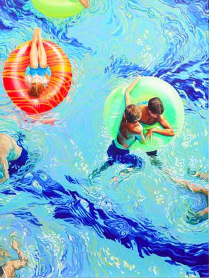 painting of a group of people floating in a pool with inflatable floats