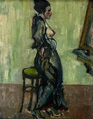une peinture à l'huile représentant une femme assise sur une chaise devant un miroir