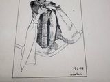 a drawing of a man sitting on a chair with a bag