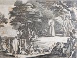 drawing of a group of people in a wooded area with a man standing in the middle of the picture