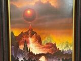 an oil painting of a mountain landscape with a red ball in the sky