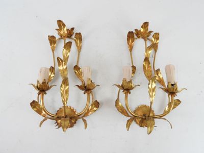 pair of antique brass wall sconces with flowers and leaves