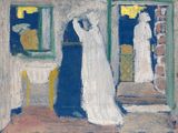 une image d'un tableau représentant une femme en robe blanche