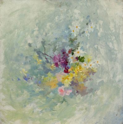 peinture représentant un tableau représentant un bouquet de fleurs dans un vase