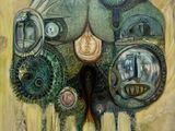 un tableau représentant la tête d'un homme sur laquelle se trouvent de nombreux objets divers