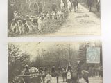 two pictures of people riding horses and a horse drawn carriage