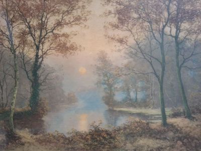 tableau représentant une rivière dans une zone boisée, avec des arbres