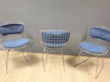 three chairs with blue cushions in a room with wood flooring