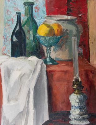 une peinture représentant une nature morte avec un bol de fruits posé sur une table