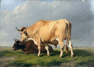 a painting of a cow and a calf in a field