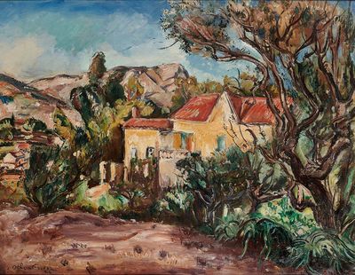 une peinture à l'huile représentant une maison jaune au toit rouge, située sur une colline
