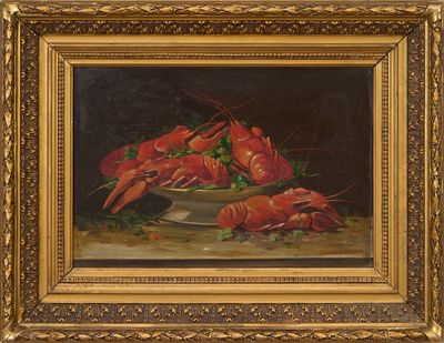 an oil painting of lobsters in a bowl on a table