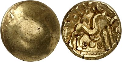 a close up of a gold coin with an image of a man on a horse
