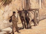 painting of a man standing next to a horse drawn carriage