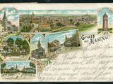 une vieille carte postale représentant une vue d'une ville avec des bâtiments et une tour horloge