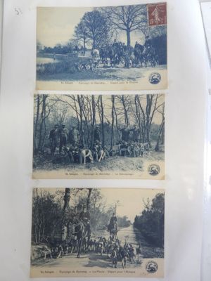 three pictures of a group of people riding horses in a field
