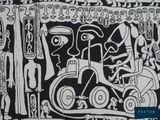 an image of a black and white drawing of a man riding a bike