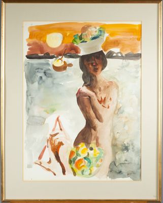 an image of a painting of a woman in a hat on the beach