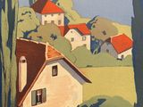 a picture of a painting of a house in the woods