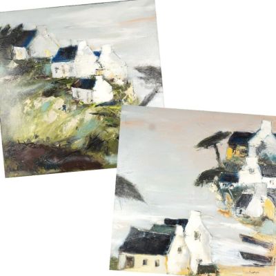deux tableaux représentant des maisons sur une colline, avec des arbres en arrière-plan