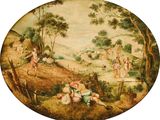 une image d'un tableau représentant un groupe de personnes dans un paysage